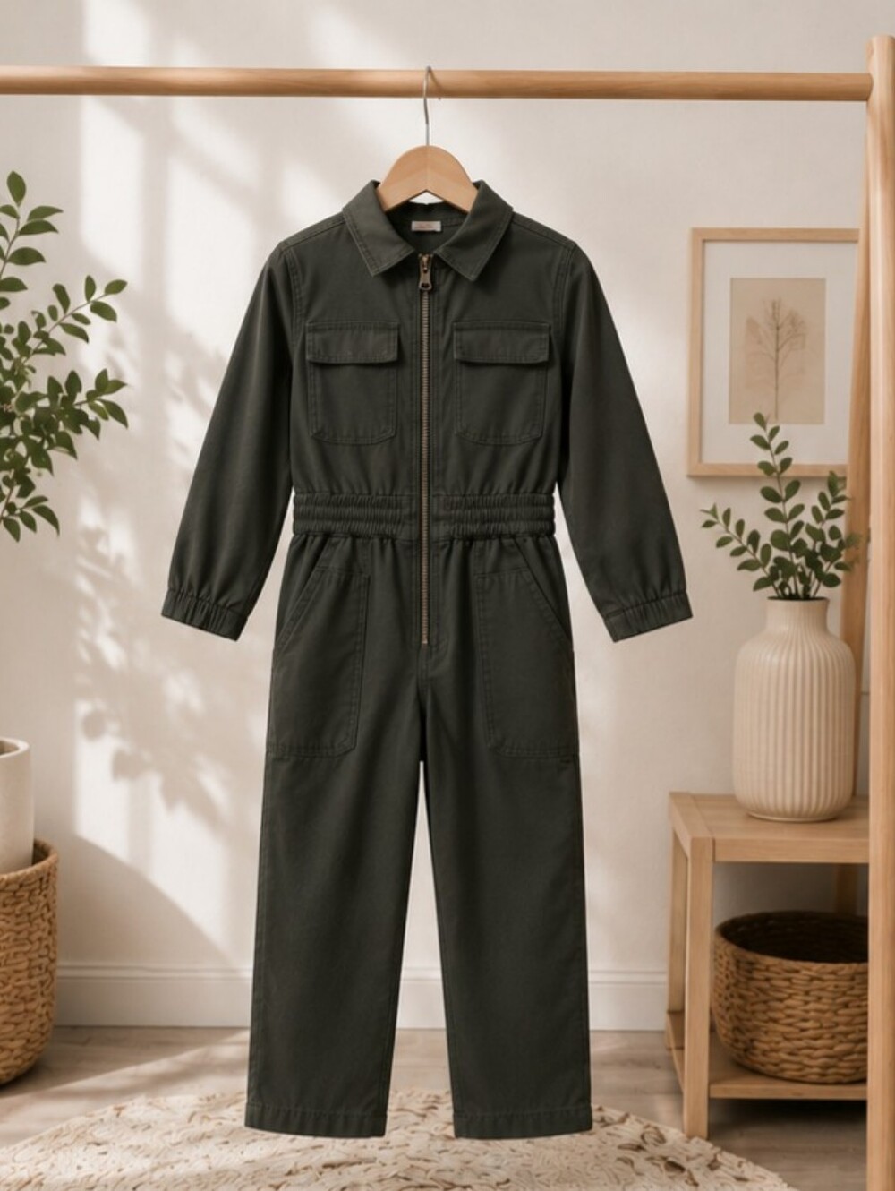 Girls Wonder Nation Olive Green Zip-Front Utility Jumpsuit